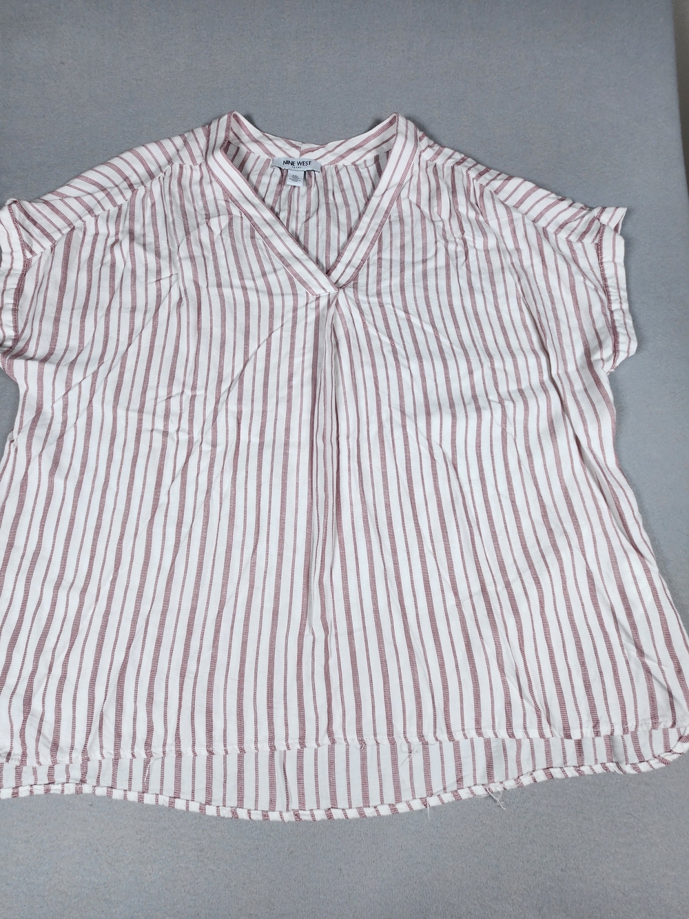 Nine West White Blouse with Burgundy Stripes